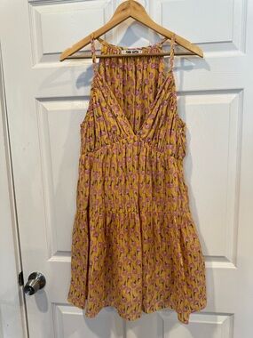 Ciao Lucia Yellow Mustard Mini Dress with Pink Floral Print